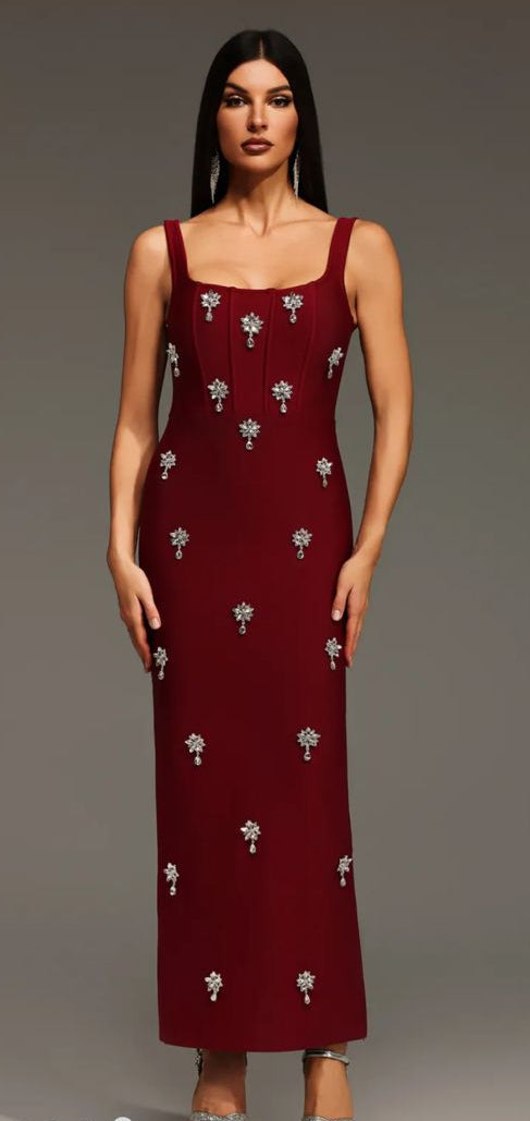 Burgundy Celestia Crystal-Embellished Column Gown