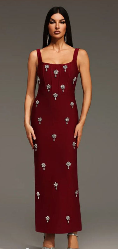 Burgundy Celestia Crystal-Embellished Column Gown