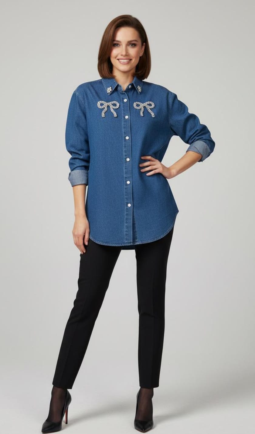Crystal Bow Denim Shirt