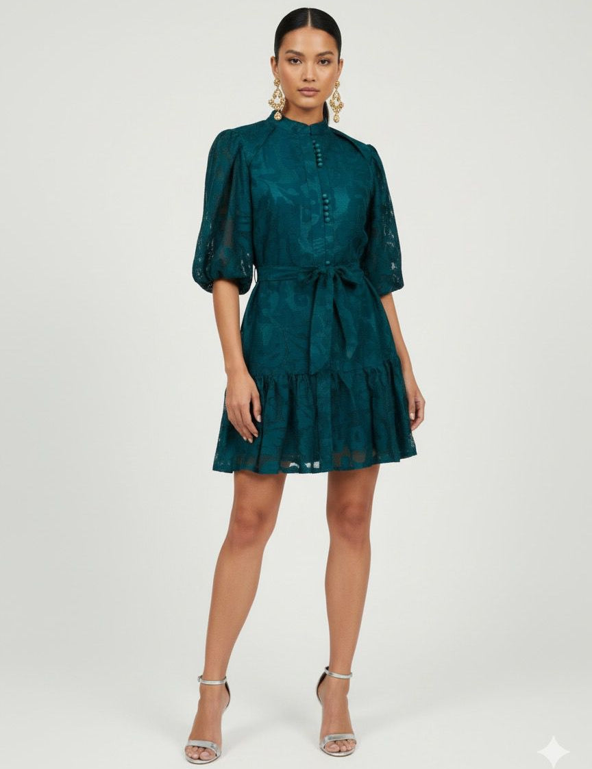 Crimson Bloom Belted Dress