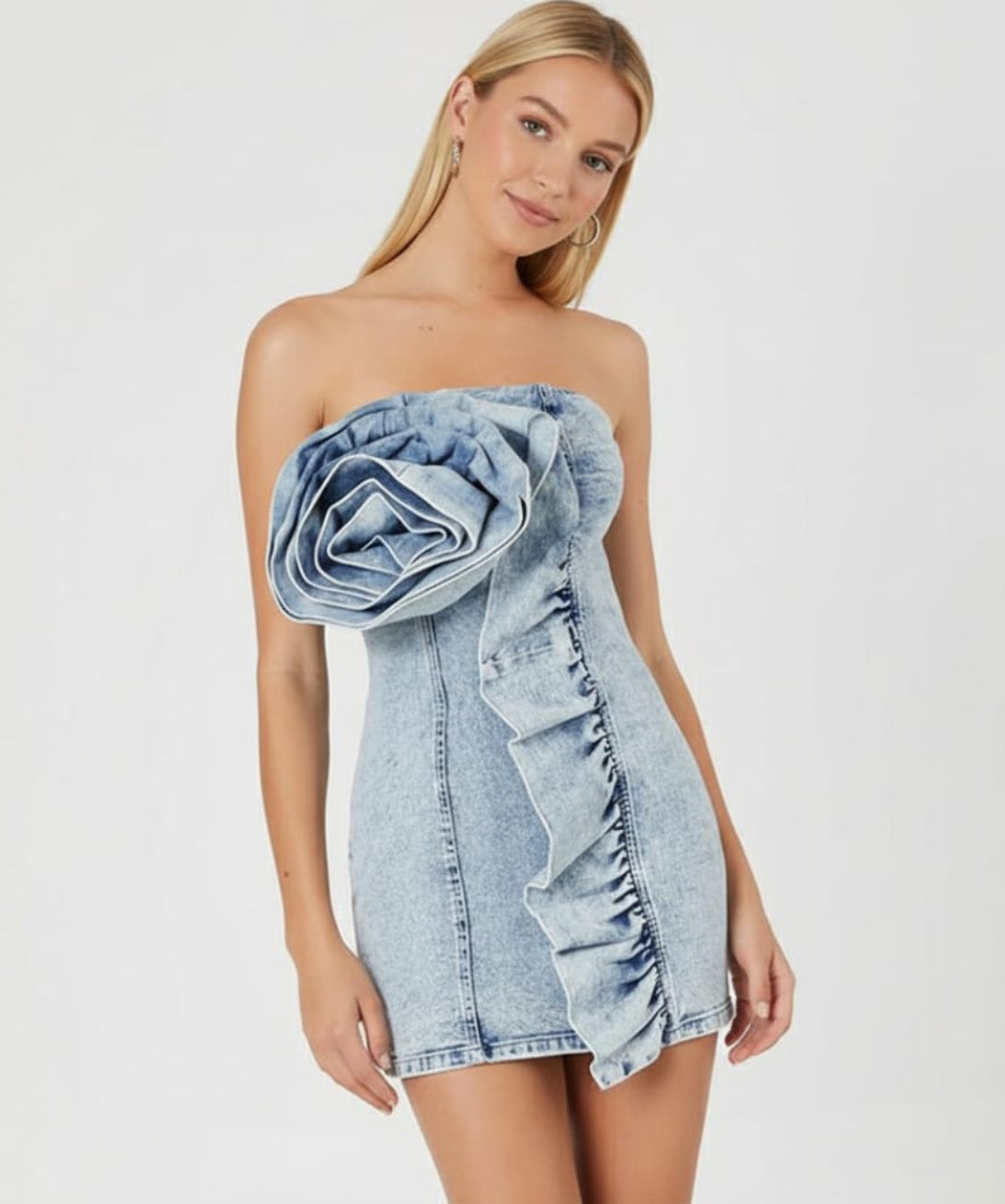 Denim Bloom Strapless Dress