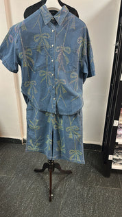 Bow-Embellished Denim Shirt & Shorts Set
