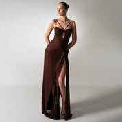 Chocolate Ruched Cutout Gown