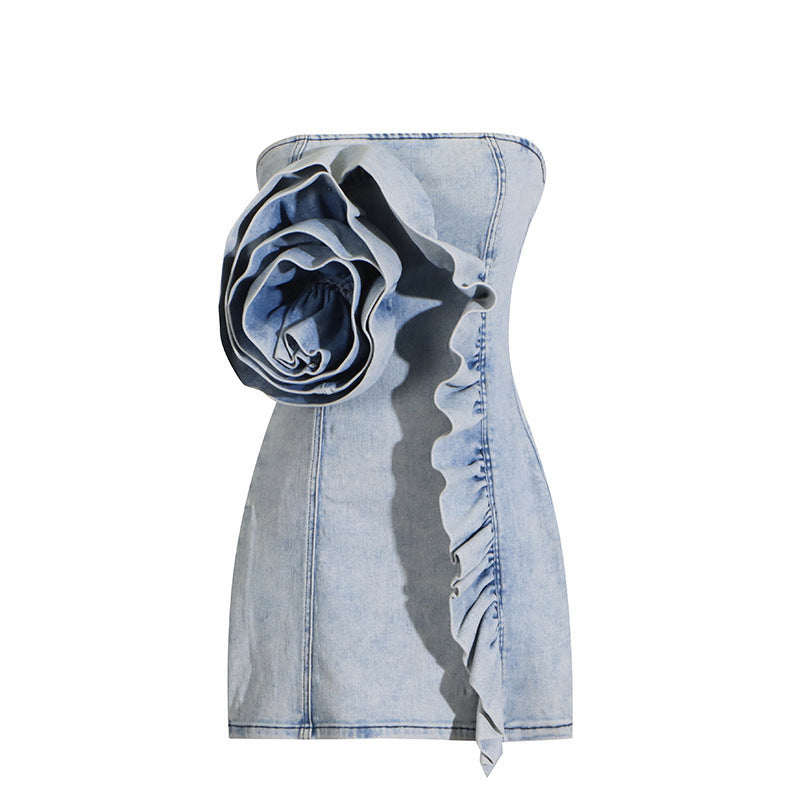 Denim Bloom Strapless Dress