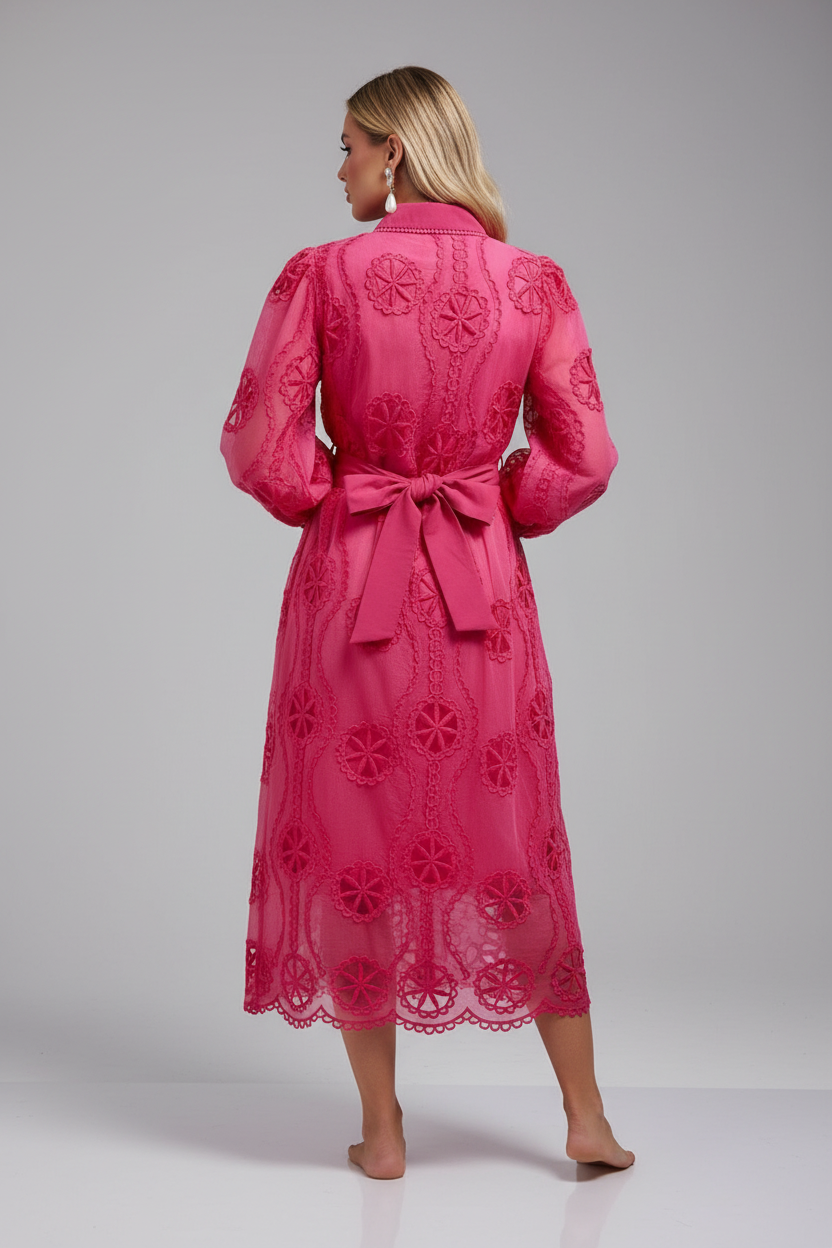 Magenta Pearl Lace Shirt Dress