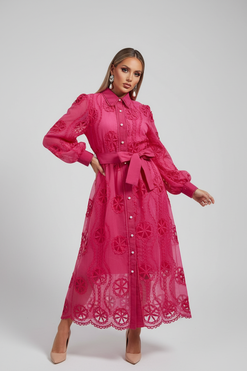 Magenta Pearl Lace Shirt Dress