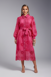 Magenta Pearl Lace Shirt Dress