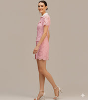 Pink Floral Lace Mini Shirt Dress