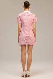 Pink Floral Lace Mini Shirt Dress
