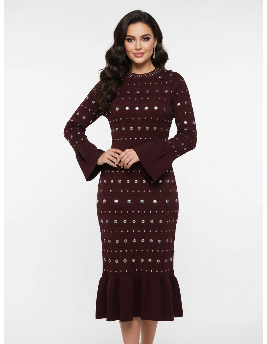 Long Sleeve Studded Crochet Knit Midi dress