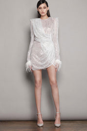 Luxe Whisper Feather-Trim Mini Dress