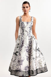 Sophisticated Mixed-Print Midi Dress