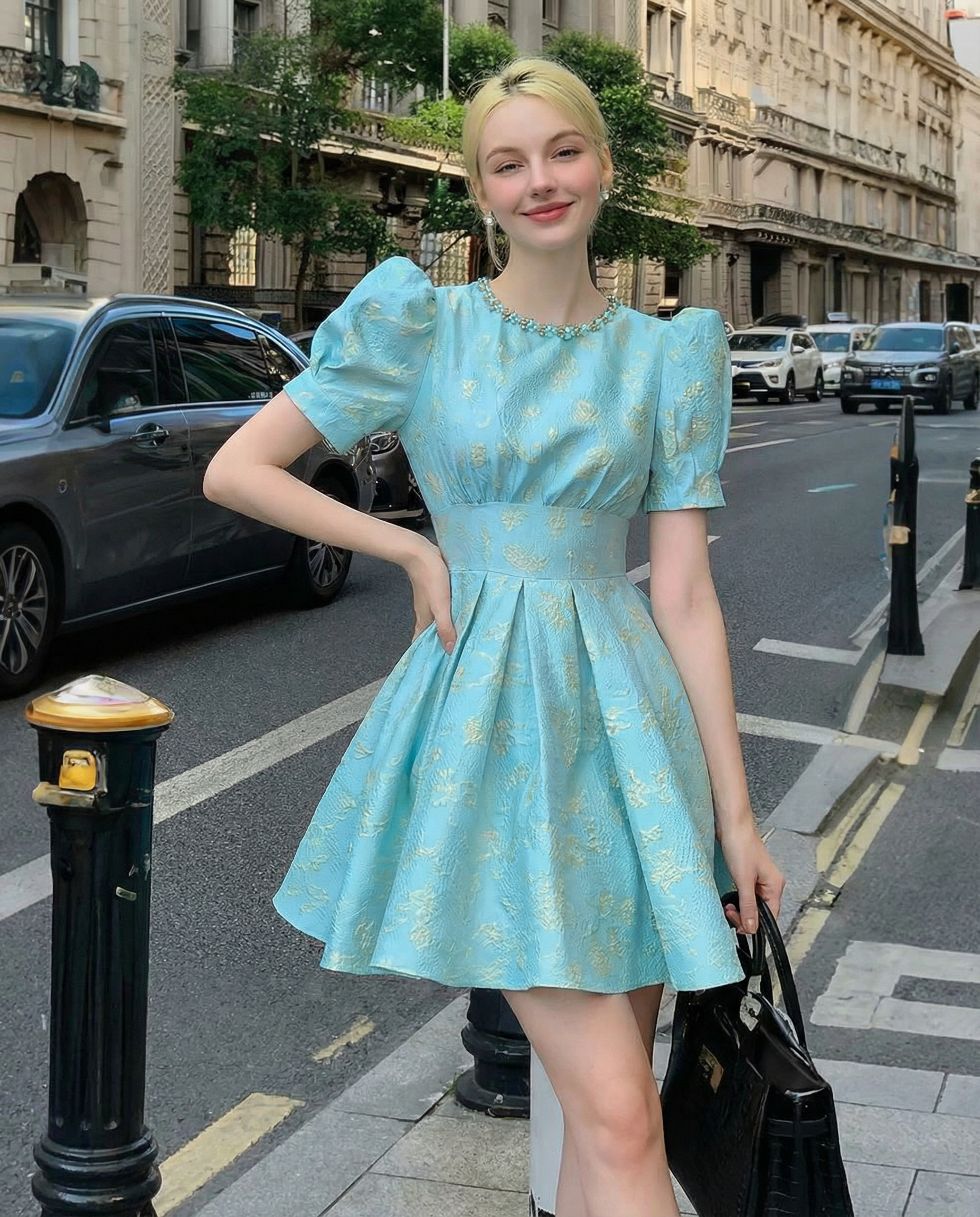 Aqua Blue Jacquard A-Line Party Dress