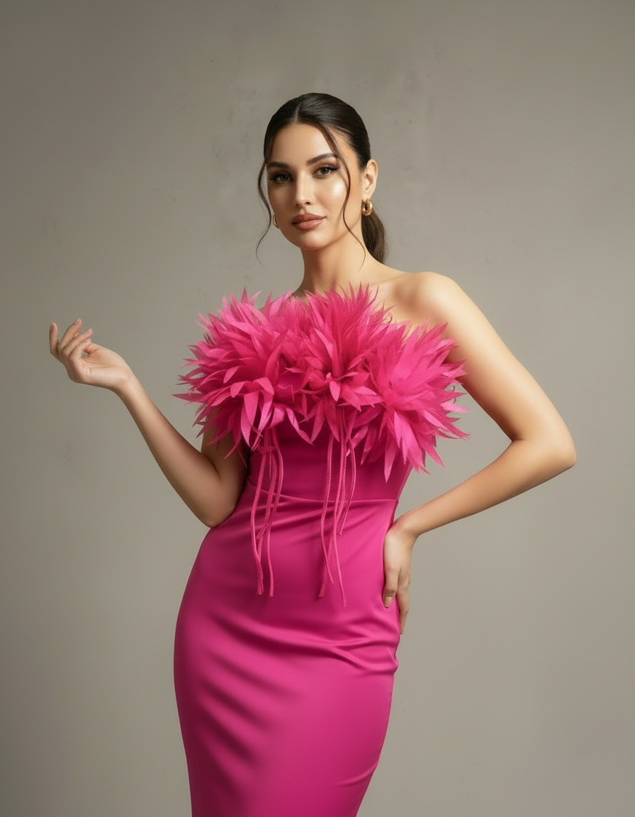 Feathered Strapless Gown