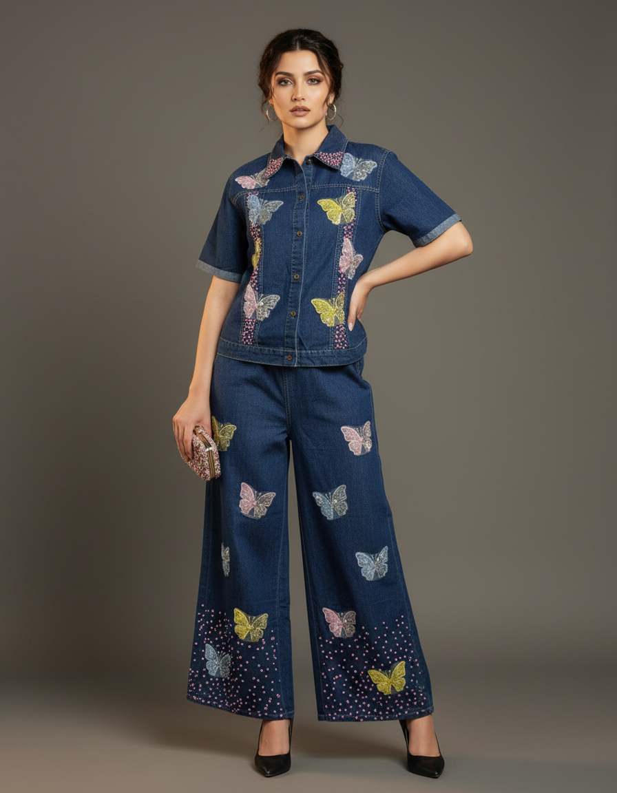 Butterfly Embroidered Denim Set