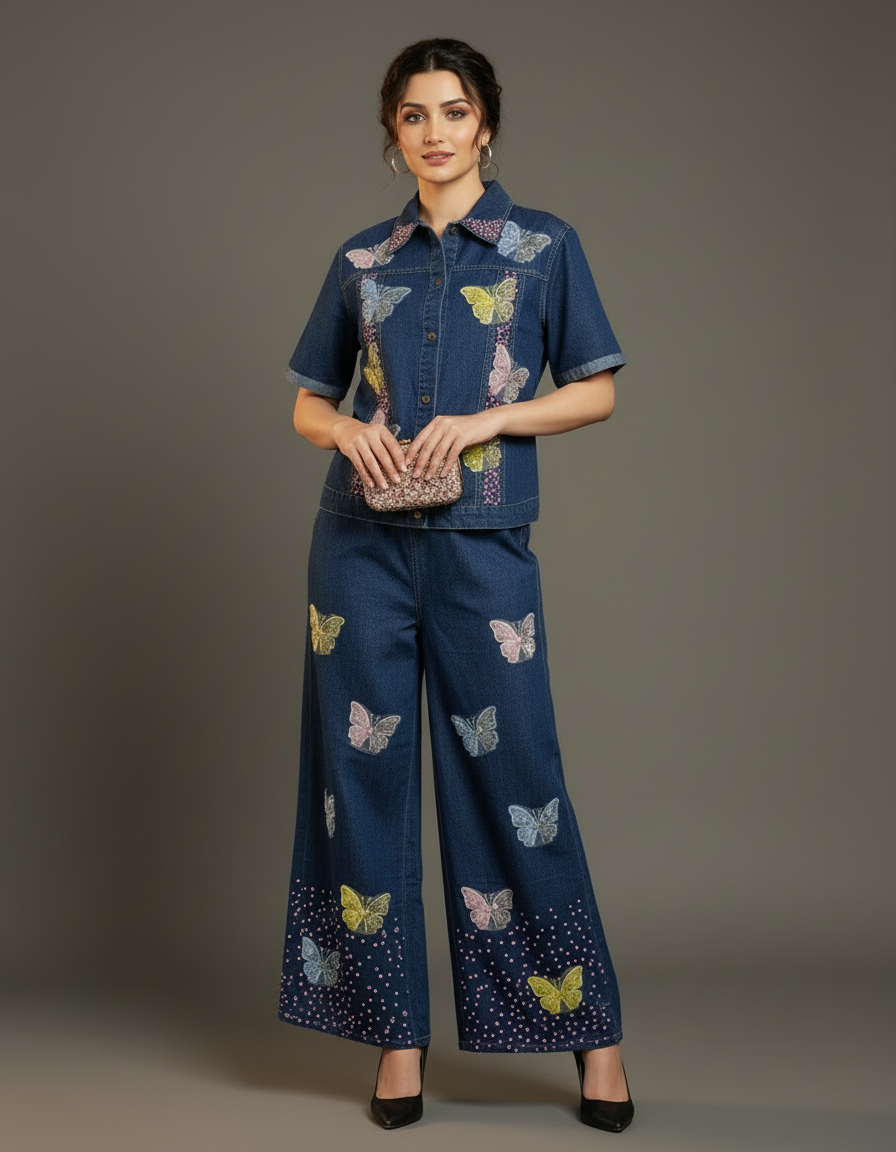 Butterfly Embroidered Denim Set