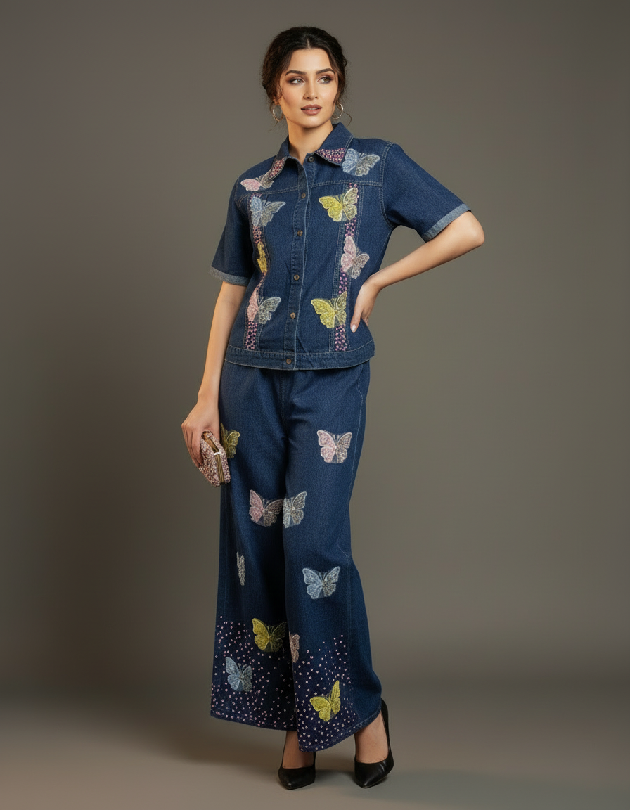 Butterfly Embroidered Denim Set