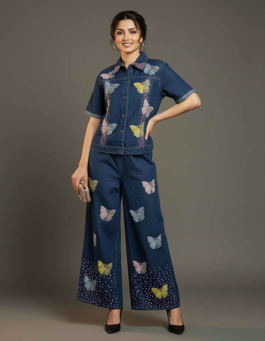 Butterfly Embroidered Denim Set
