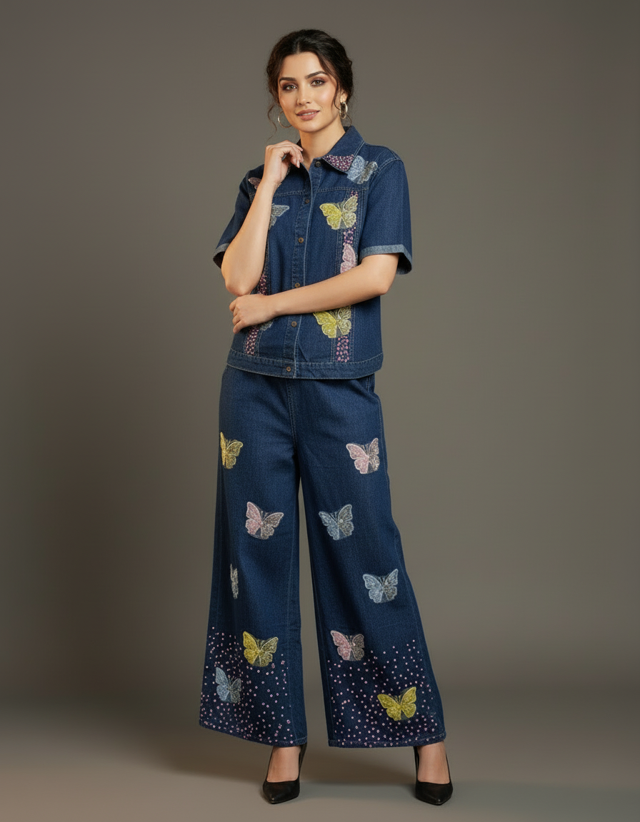 Butterfly Embroidered Denim Set