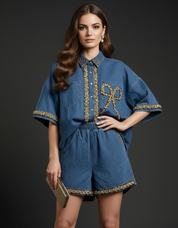 Gold-Beaded Denim Shirt and Shorts Set