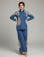 Floral Beaded Denim Shirt and Pants Set