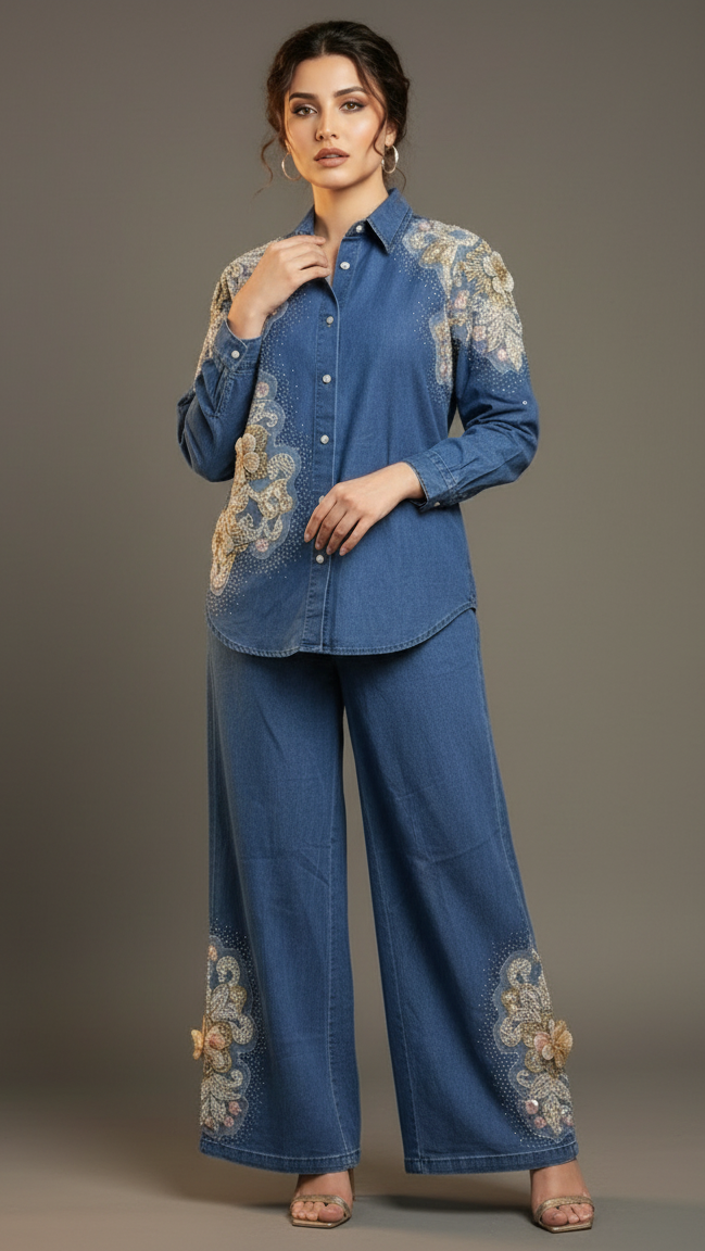 Floral Beaded Denim Shirt and Pants Set