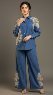 Floral Beaded Denim Shirt and Pants Set