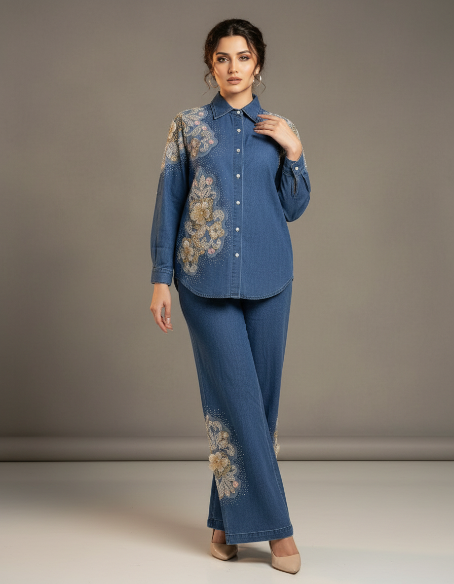 Floral Beaded Denim Shirt and Pants Set
