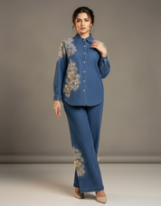 Floral Beaded Denim Shirt and Pants Set