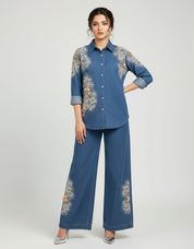 Floral Beaded Denim Shirt and Pants Set
