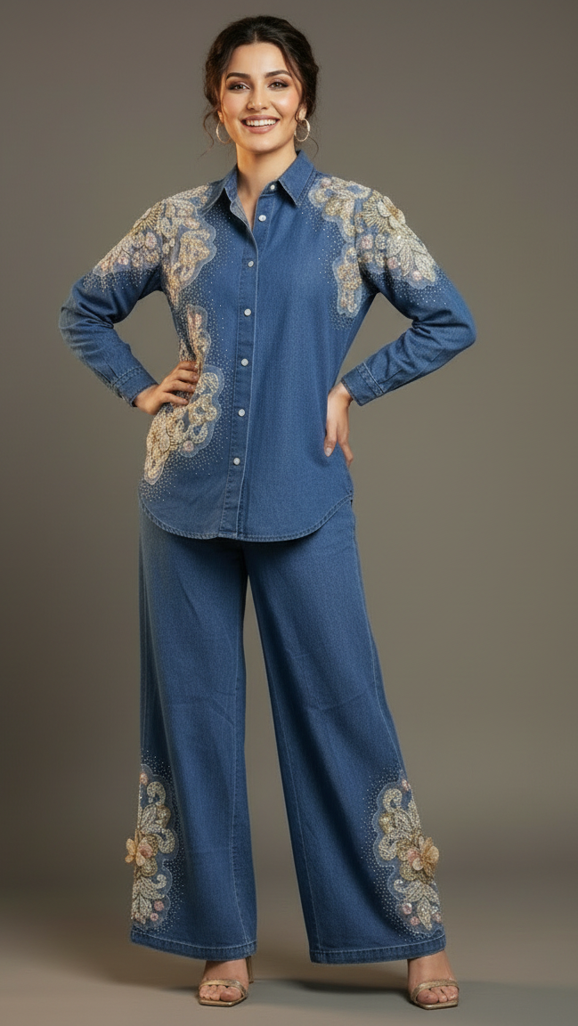 Floral Beaded Denim Shirt and Pants Set