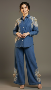 Floral Beaded Denim Shirt and Pants Set