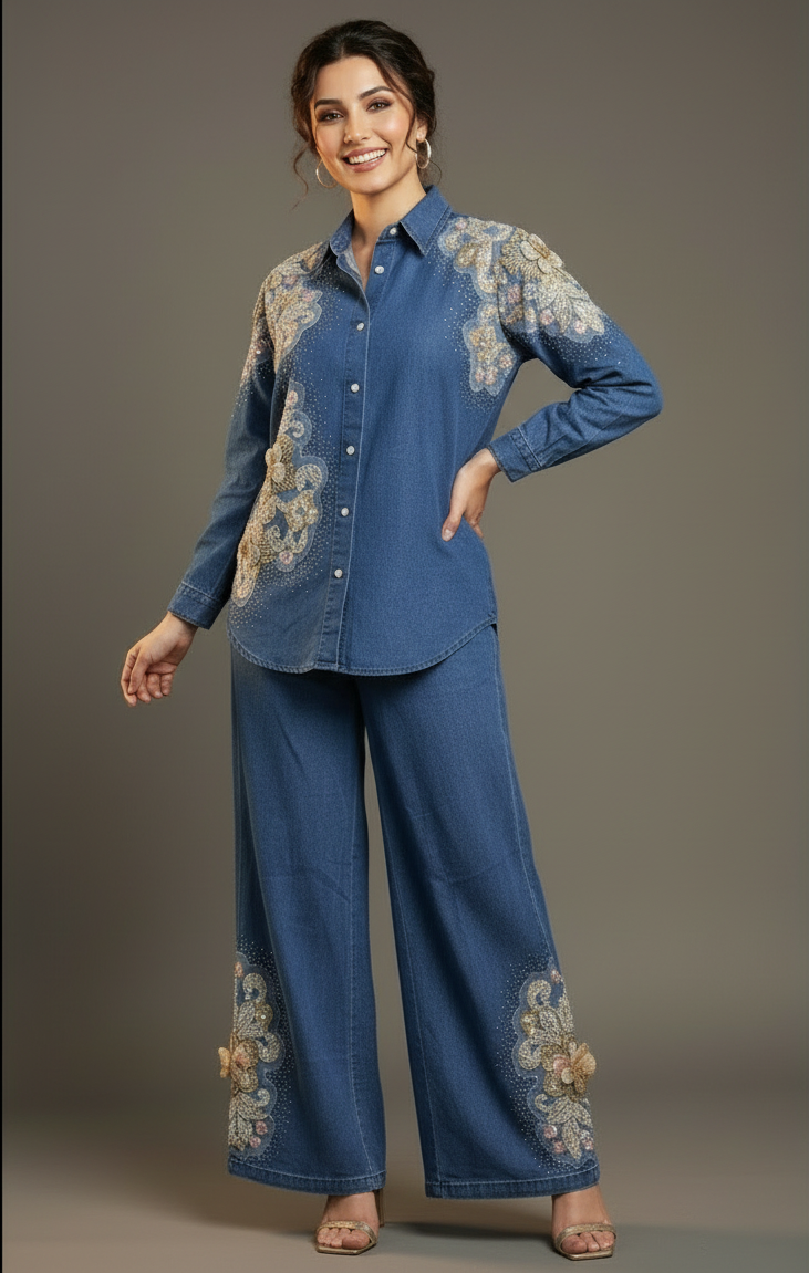 Floral Beaded Denim Shirt and Pants Set
