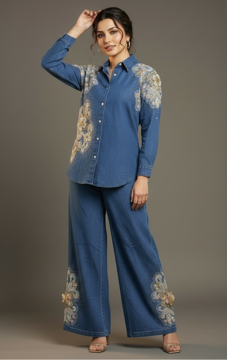 Floral Beaded Denim Shirt and Pants Set