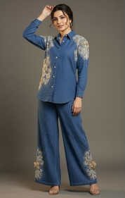 Floral Beaded Denim Shirt and Pants Set