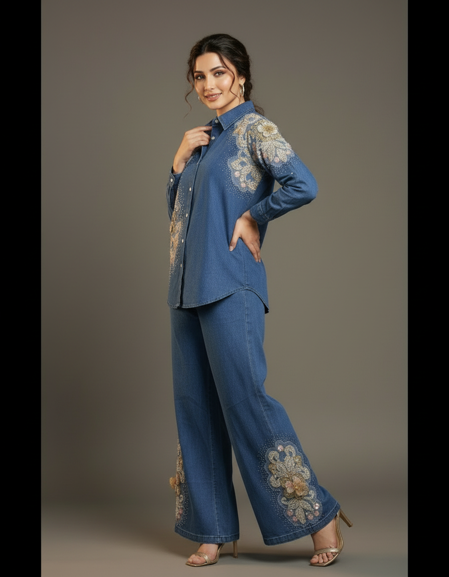Floral Beaded Denim Shirt and Pants Set