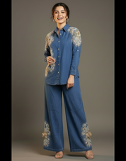 Floral Beaded Denim Shirt and Pants Set