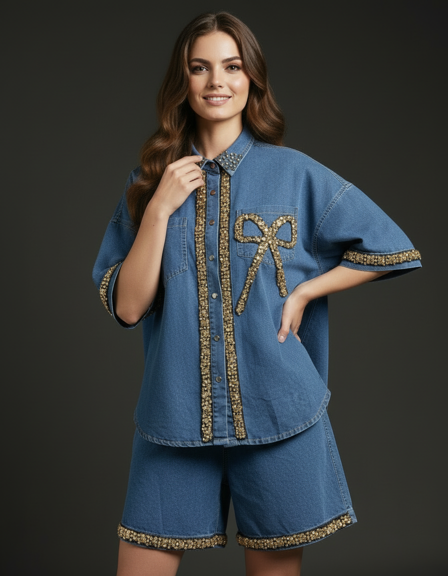 Gold-Beaded Denim Shirt and Shorts Set