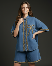 Gold-Beaded Denim Shirt and Shorts Set