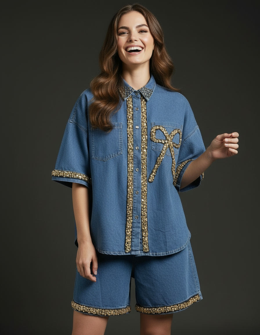 Gold-Beaded Denim Shirt and Shorts Set