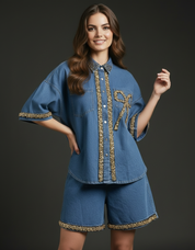 Gold-Beaded Denim Shirt and Shorts Set