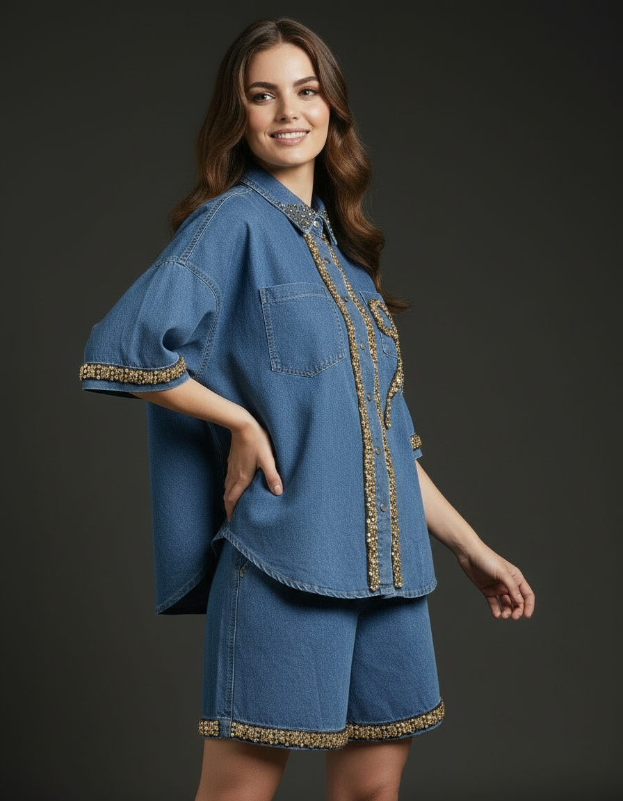 Gold-Beaded Denim Shirt and Shorts Set