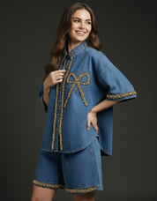 Gold-Beaded Denim Shirt and Shorts Set