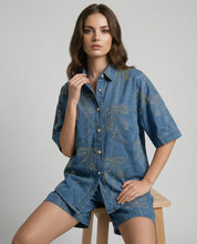 Bow-Embellished Denim Shirt & Shorts Set