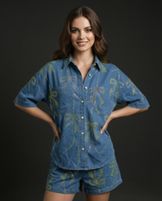 Bow-Embellished Denim Shirt & Shorts Set