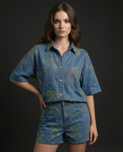 Bow-Embellished Denim Shirt & Shorts Set