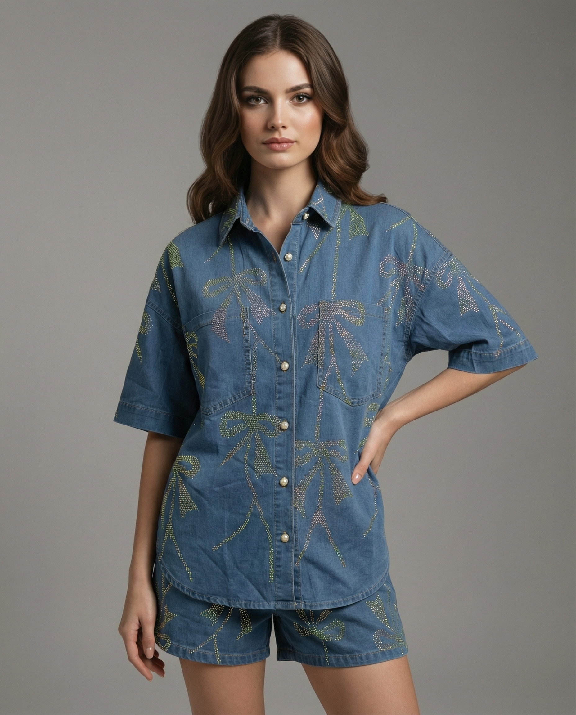 Bow-Embellished Denim Shirt & Shorts Set