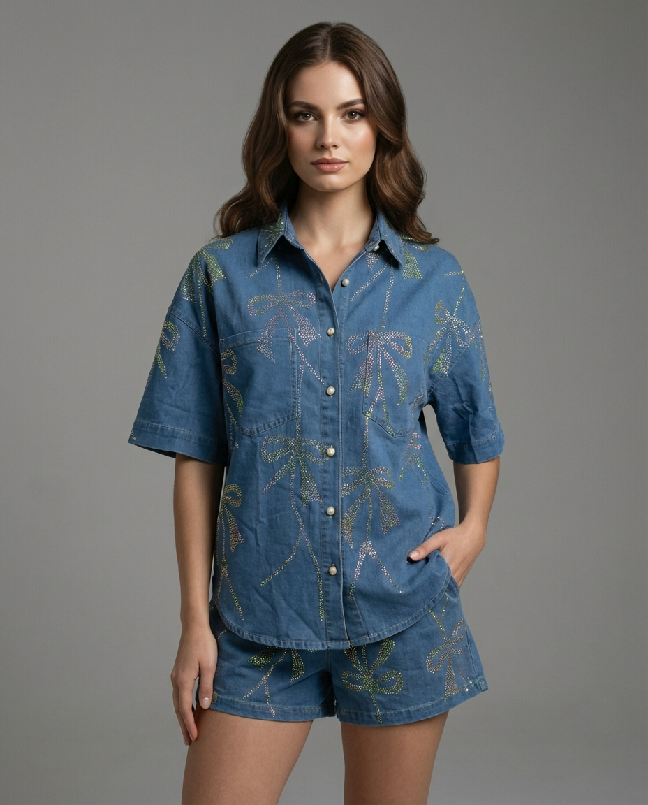 Bow-Embellished Denim Shirt & Shorts Set