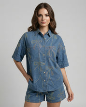 Bow-Embellished Denim Shirt & Shorts Set