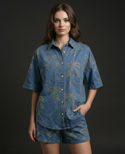 Bow-Embellished Denim Shirt & Shorts Set